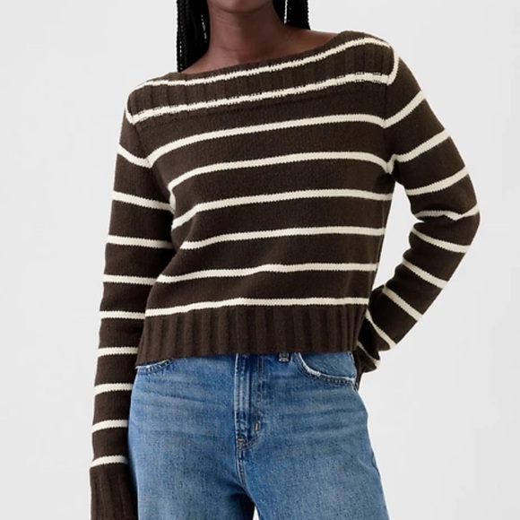 NWT! Gap Cashsoft Brown Striped Boat Neck Chunky Knit Sweater M Off Shoulder - Picture 1 of 8